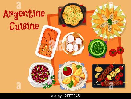Argentine cuisine icon with traditional food. Grilled beef, meat pie, bean salad, spicy herb sauce, chicken roll in corn leaf, boiled potato, corn coo Stock Vector