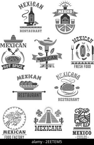 Mexican cuisine restaurant icons set. Vector isolated Mexico sombrero hat, spicy chili jalapeno pepper, Mexico tequila cactus drink and tobacco cigar, Stock Vector
