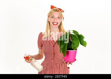 Woman with spray bottle spraying houseplants. Watering concept. Irrigation. Girl take care of flowers. Stock Photo