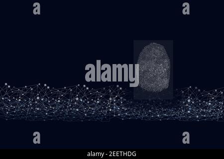 Fingerprint scan provides security access on dark blue background. Fingerprint recognition technology for digital biometric cyber security and identif Stock Photo