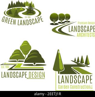 Gardening or green landscape design company icons set. Vector isolated green tree park, nature eco village or woodland and parkland for landscaping ho Stock Vector