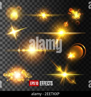 Golden star light flashes and sparkles on transparent background. Vector isolated icons set of sun light beam and starlight with lens flare effect, gl Stock Vector