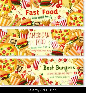 Fast food meals banners for fastfood restaurant menu template. Vector combo sandwiches, fries or hamburger and ice cream or donut, coffee or soda drin Stock Vector