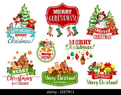 Merry Christmas wishes icons of Santa presents gifts, Christmas tree stockings and snowman for greeting card design. Vector New Year gingerbread cooki Stock Vector