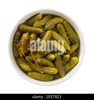 Delicious pickled cornichons in a ceramic bowl isolated on white background. Whole green gherkins marinated with dill and mustard seeds. Crunchy baby Stock Photo