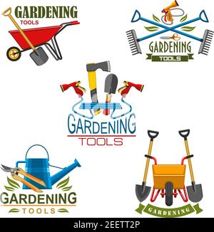 Gardening tools for farm or farmer household. Vector isolated set of rake and spade, wheel cart or garden watering can or hose and tree plant scissors Stock Vector