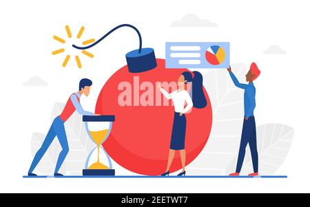 Bomb threat concept vector illustration. Cartoon business people team standing next to big bomb of terrorist with lit fuse and hourglass, little time to bomb explosion and blast risk isolated on white Stock Vector