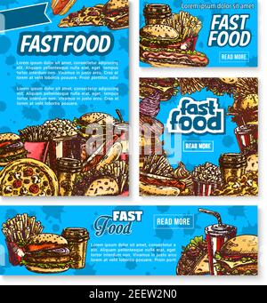 Fast food restaurant poster template set with fastfood lunch. Web banner with vector hamburger, french fries, hot dog, soda, pizza, coffee, ice cream, Stock Vector