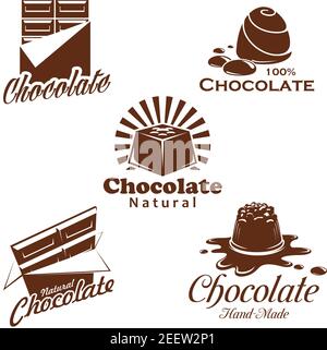 Chocolate candy and bar vector symbol set. Cacao dessert and choco sweets with nuts and milk brown emblem decorated by drop and splashes of melted cho Stock Vector