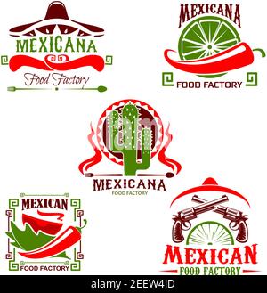 Mexican food restaurant of national cuisine symbol set. Meat taco, chili pepper and tomato sauce vector icon with sombrero hat ,cactus and gun for fas Stock Vector
