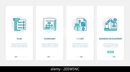 Business plan, development technology vector illustration. UX, UI onboarding mobile app page screen set with line planning and analysis of financial budget, developing digital account finance system Stock Vector
