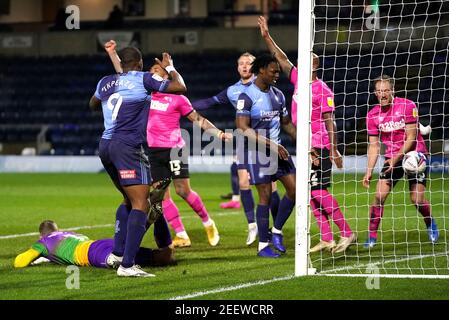 Derby County's Matt Clarke celebrates scoring their side's first goal ...