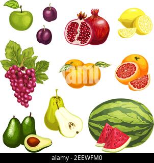 Exotic tropical fruits isolated flat icons. Vector set apple, plum or pear and lemon citrus orange and grapefruit, pomegranate garnet, watermelon or a Stock Vector