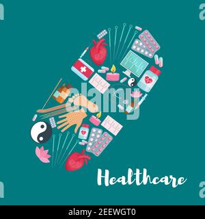 Medical healthcare poster in pill shape. Vector design of medicine drugs, doctor stethoscope or acupuncture treatment, human heart and brain organs an Stock Vector