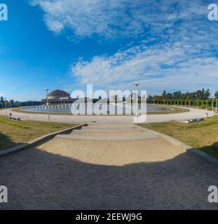 Panorama of Pergola fountain in Wroclaw and stairs path with centennial hall in background Stock Photo