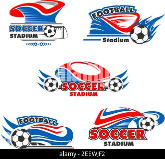 Soccer stadium or football sport arena icons set. Vector isolated badges set of soccer ball flying with wings for sport fan club or football game cham Stock Vector