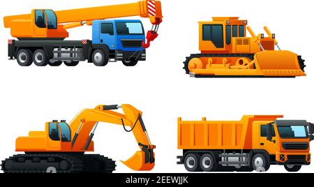Construction or building machinery icons of industrial trucks and cars. Vector isolated flat set of excavator or bulldozer, winch crane and heavy load Stock Vector