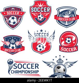 Soccer club badges or football championship cup icons set. Vector soccer ball with wings and goal victory laurel wreath or stars on heraldic crown shi Stock Vector