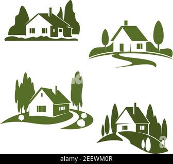 Green house or farm and farmer household icons. Vector isolated set of farmland barn or house in park or woodlands for gardening eco landscape design Stock Vector