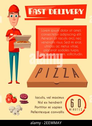 Pizza delivery poster for pizzeria fast food cafe or restaurant. Vector flat design of pizza delivery man with box of margherita or capricciosa ingred Stock Vector