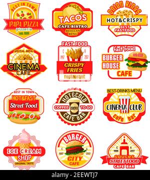 Fast food restaurant and pizzeria icons of burgers, hot dog sandwiches, drinks and desserts for fastfood restaurant delivery menu. Vector pizza, chees Stock Vector