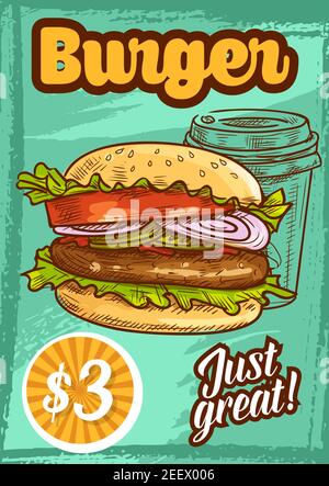 Fast food burger sketch poster for restaurant or cinema bistro menu template. Vector fastfood combo price of cheeseburger or hamburger meal snack sand Stock Vector