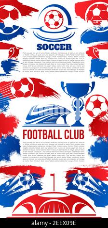 Soccer club or football sport team banner template. Vector soccer ball, victory champion cup award and winner goal stars on arena stadium for college Stock Vector