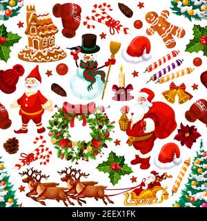 Christmas holidays decorations seamless pattern. Vector background of Santa gifts on reindeer sleigh or New Year season symbols of Christmas tree orna Stock Vector