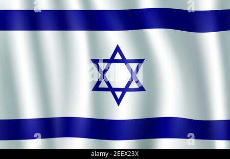 Israel flag 3d symbol with Star of David. National banner of State of Israel with blue hexagram on white background as symbol of Judaism. Waving israe Stock Vector