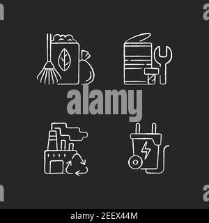 Environmental concern chalk white icons set on black background Stock Vector