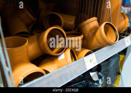 Plastic pipes for water sewerage system in a shop Stock Photo