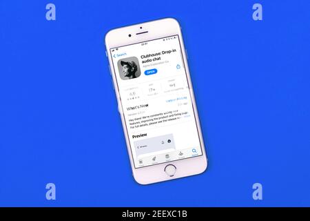 Kharkov, Ukraine - February 16, 2021: Clubhouse Drop in Audio application displayed on Apple iPhone smartphone screen, app store, new and popular soci Stock Photo