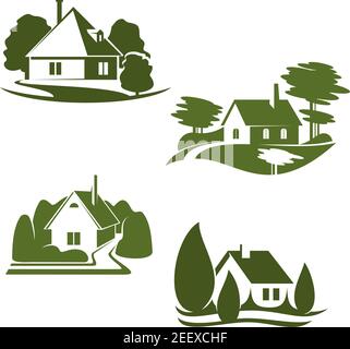 Eco green house isolated icon set. Eco city green home symbol with backyard garden, tree and grass lawn for ecology landscape design and environment f Stock Vector