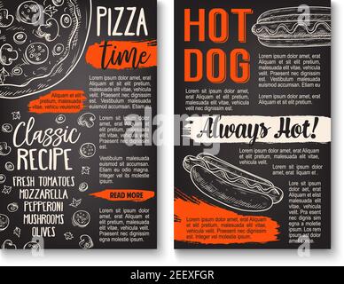 Fast food pizza and hot dog sandwich chalkboard poster. Italian pizza topping and hot dog ingredient menu template with tomato, olive and cheese, saus Stock Vector