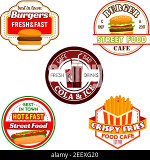 Fast food burger snack and soda drink label set. Hamburger, hot dog, cheeseburger and french fries, coffee and soft beverage isolated symbol for fast Stock Vector