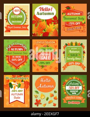 Autumn season sale retro banner set. Fall season special offer promotion badge, decorated with yellow maple leaf and red foliage of chestnut and oak t Stock Vector