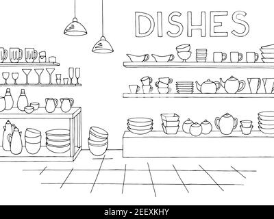 Dishes store shop interior black white graphic sketch illustration vector Stock Vector
