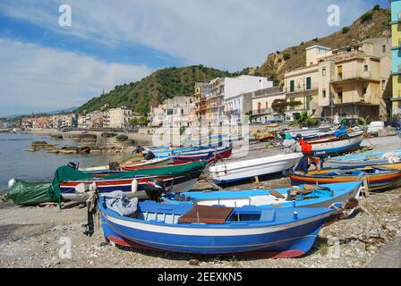 Beach and waterfront, Giardini Naxos, Sicily, Italy Stock Photo