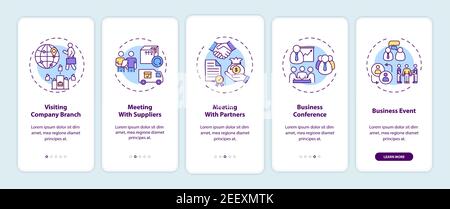 Business travel types onboarding mobile app page screen with concepts Stock Vector