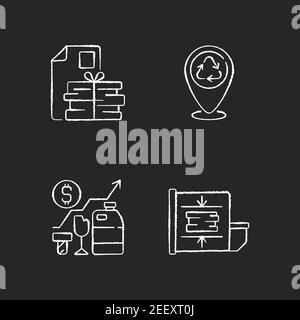 Trash removal chalk white icons set on black background Stock Vector