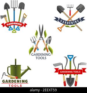 Tool and equipment icons for gardening and agriculture. Work shovel, rake and watering can, fork, spade and pruner, axe and saw, cutter and pitchfork, Stock Vector
