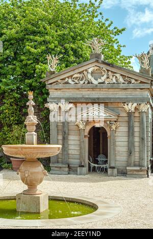 Park temple and fountain at Collector Earl's Garden at Arundel castle, West Sussex, England, UK Stock Photo