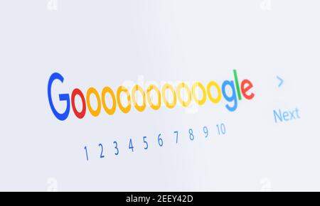 2021: blank web page with the typical word Goooooooooogle. the Google is advanced search engine Stock Photo