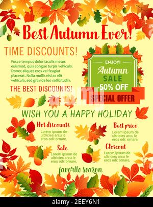Autumn Sale 50 percent off discount poster template for shop design. Vector maple leaf, oak acorn and autumn foliage for seasonal shopping sale offer, Stock Vector