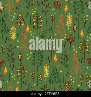 Seamless vector pattern with forest trees on green background. Simple autumn wallpaper design with branches. Abstract nature fashion textile. Stock Vector