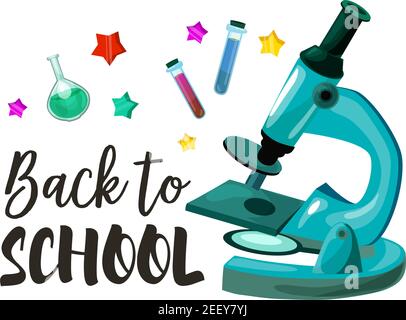 Back to School poster of chemistry lesson microscope and vial test with chemicals. Vector design of stars confetti for September seasonal school educa Stock Vector