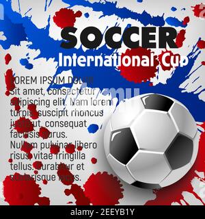 Soccer ball 3d poster of football sport game template. Soccer ball with text layout on grunge background with paint splashes. Football championship ma Stock Vector