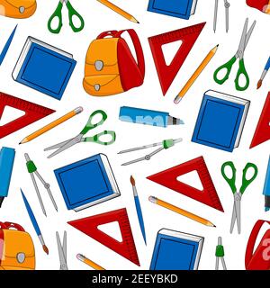 Back to School seamless pattern of education and study supplies and stationery. Vector rucksack or backpack and lesson book, mathematics ruler or scis Stock Vector