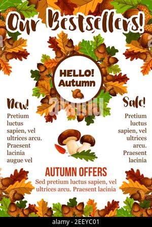 Autumn sale poster of price bestsellers and discount promo design template. Vector oak acorns, falling leaves of maple, aspen and rowan tree leaf with Stock Vector