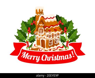Gingerbread house festive badge for Christmas and New Year holiday design. Xmas ginger cookie in shape of home, adorned with icing ornaments, holly be Stock Vector